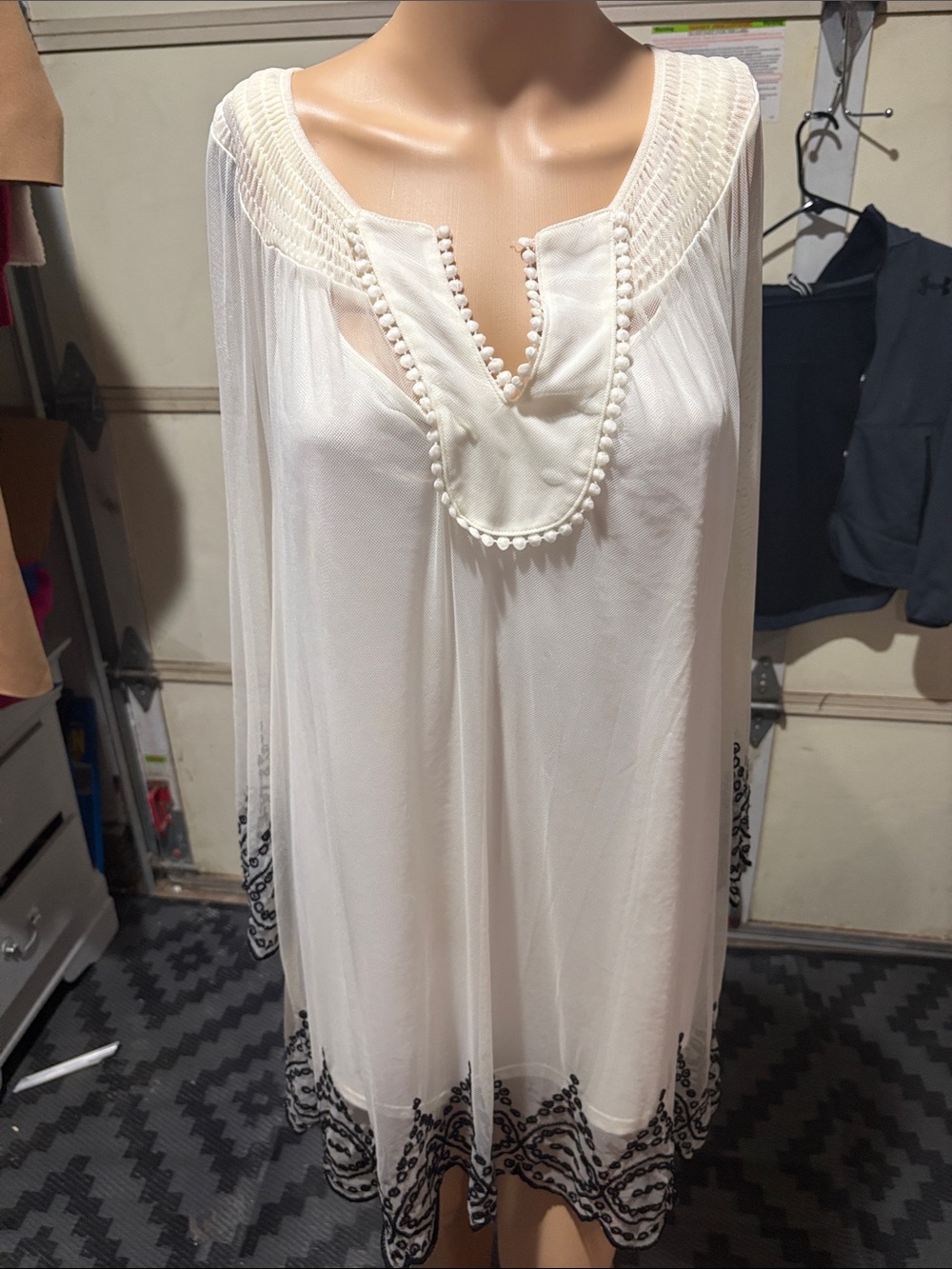 Alfani Ivory Embroidered Sheer Chemise with Black Hem Detail blouse